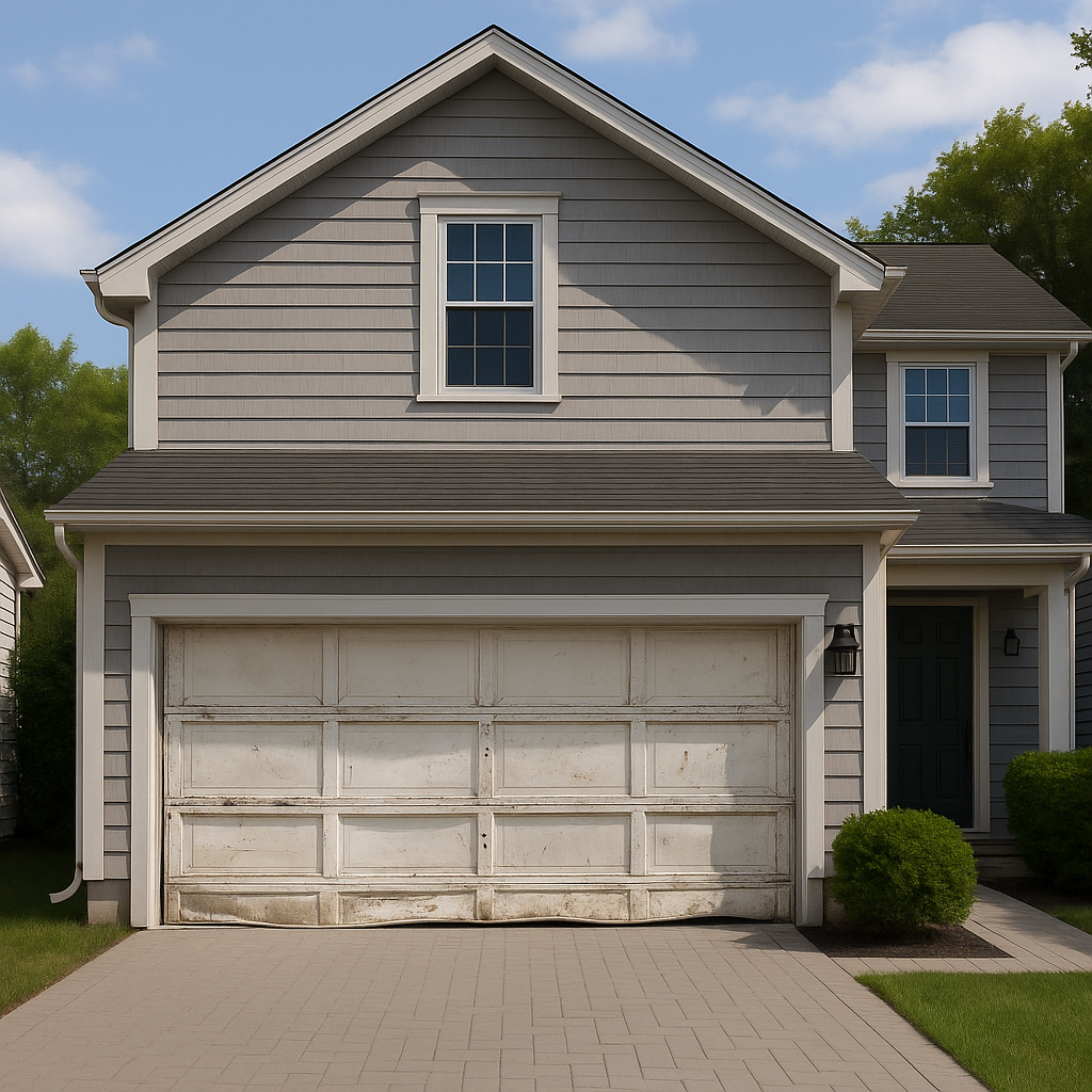 Damaged garage door before repair
