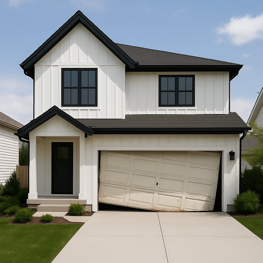Off-track garage door before repair